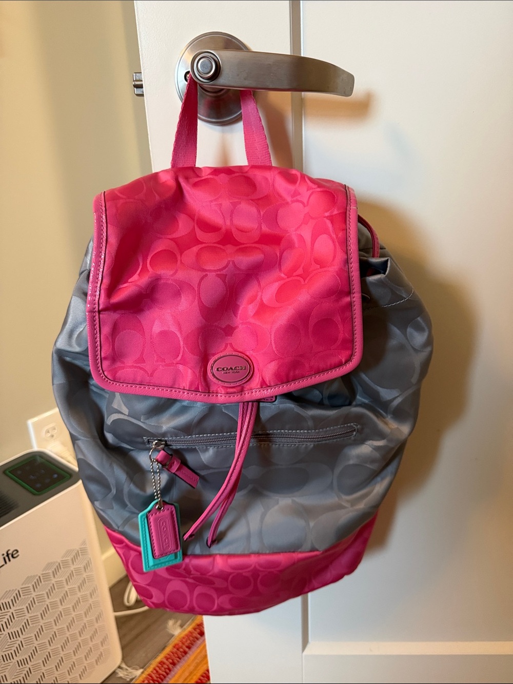 Coach 2000s Pink and Gray Signature Nylon Drawstring Backpack. Great condition